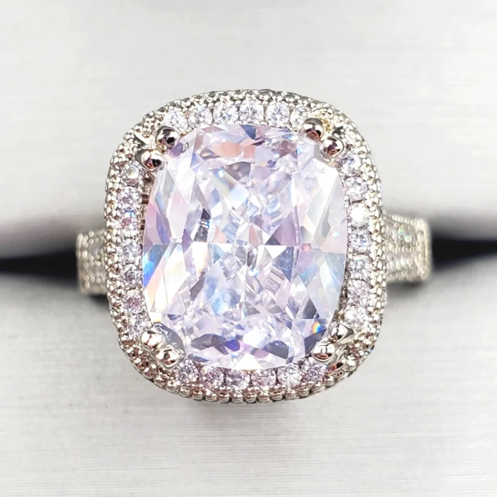 Cushion Cut White Diamond Simulants Silver Tone Pave Halo Engagement Ring